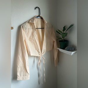 Shein long sleeve blouse tie up western cotton shirt peach tan size M collar top